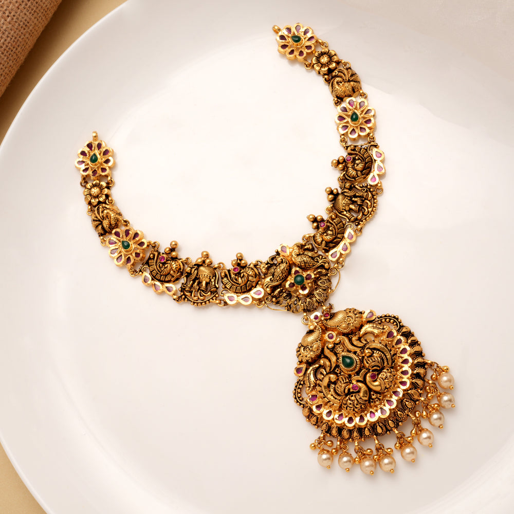 Antique Floral with Elephant Pearl Drops Golden Necklace