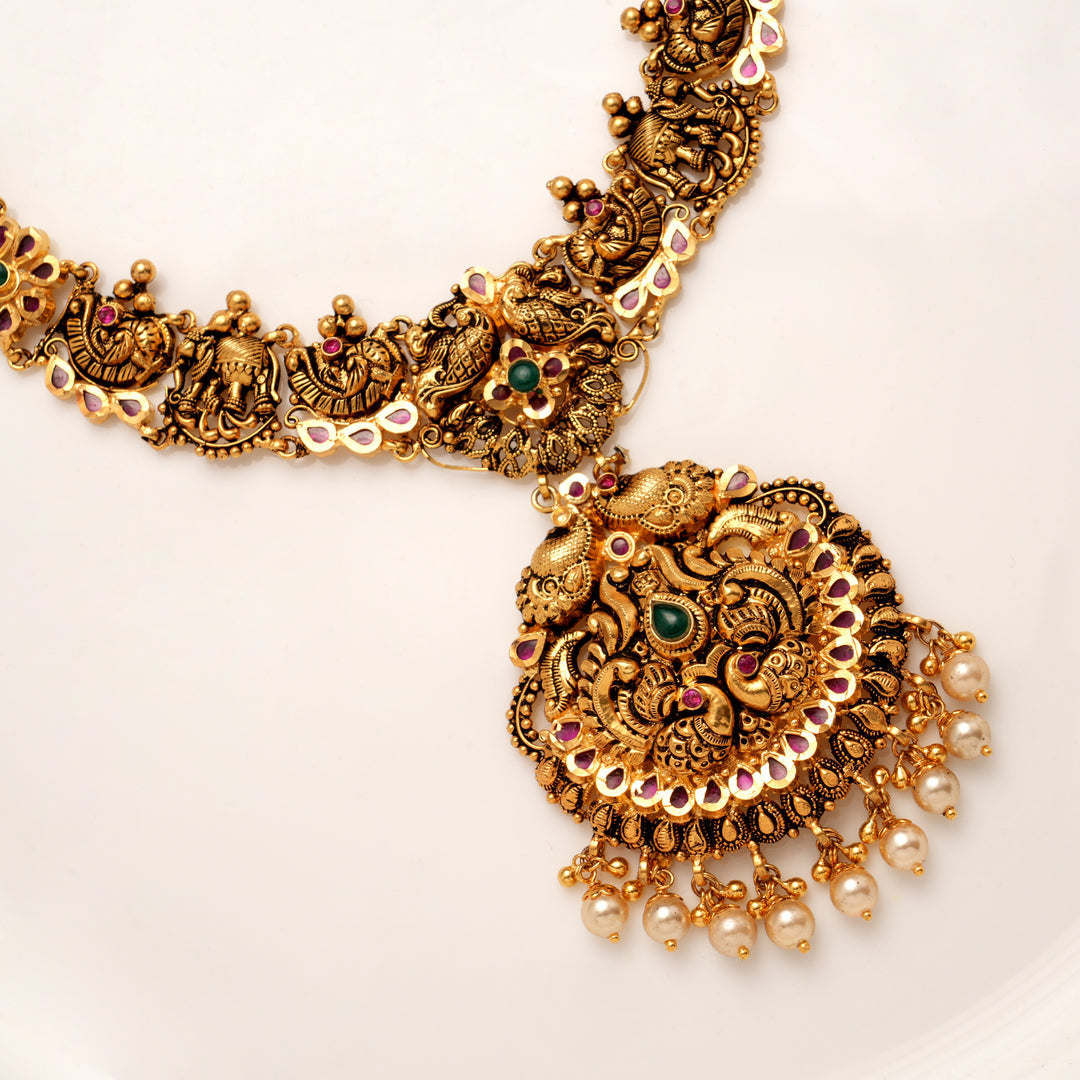 Antique Floral with Elephant Pearl Drops Golden Necklace