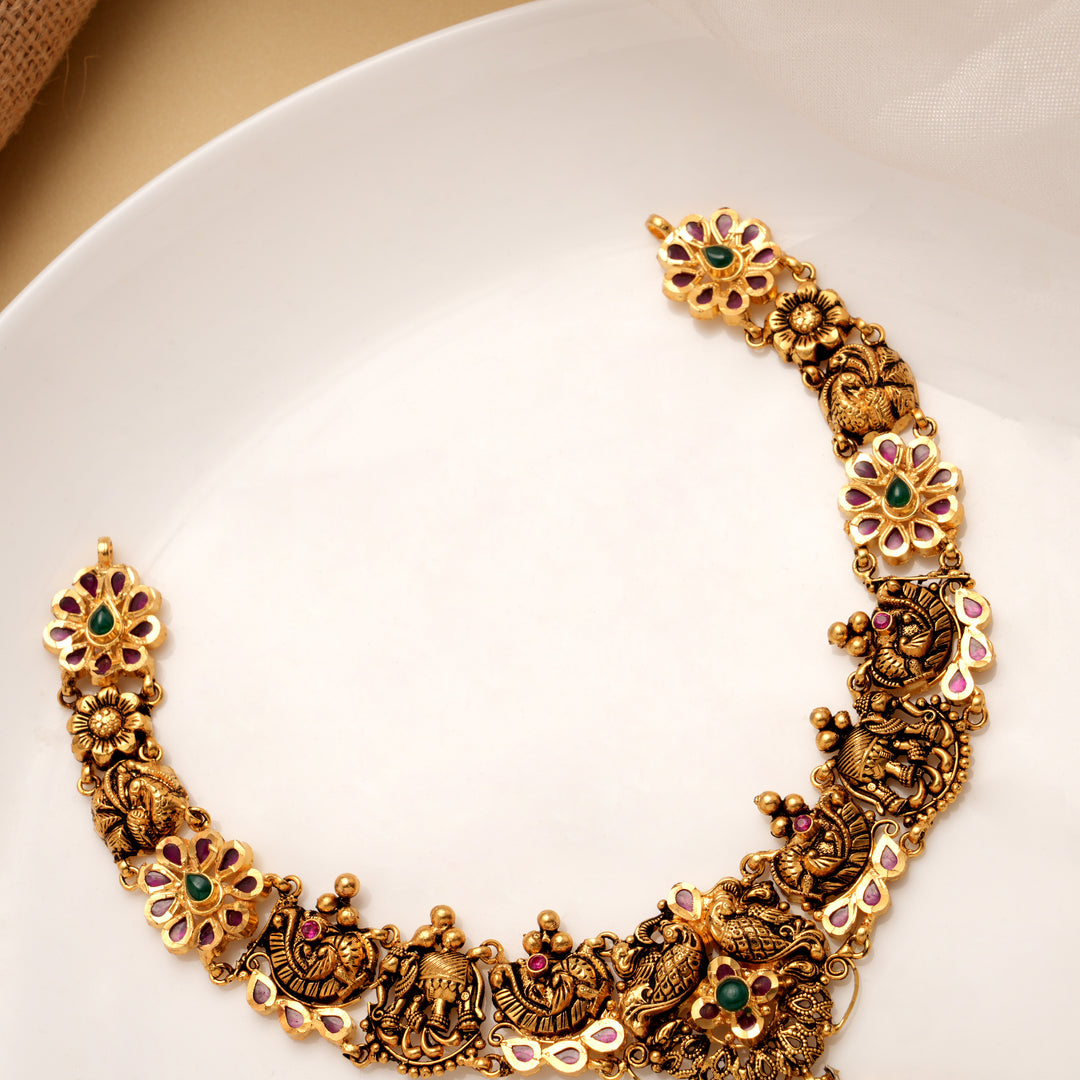 Antique Floral with Elephant Pearl Drops Golden Necklace