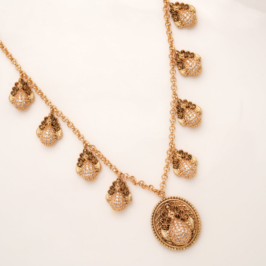 Classic Peacock Motif Stone Golden Necklace