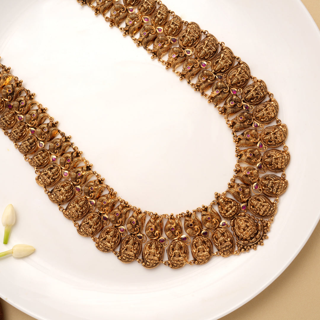 Antique Dual Layer Lakshmi with Peacock Golden Haram