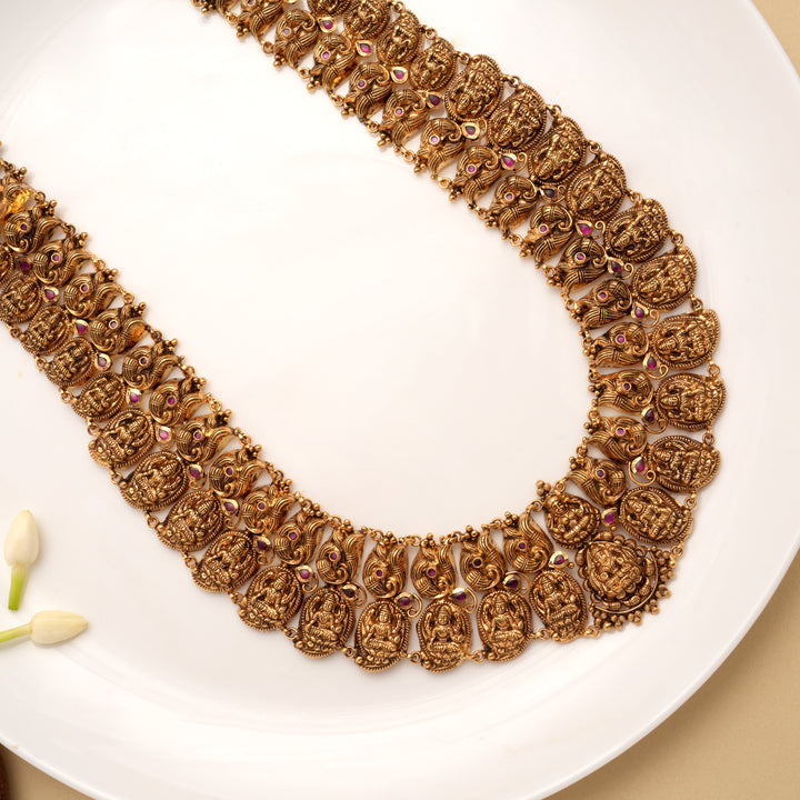 Antique Dual Layer Lakshmi with Peacock Golden Haram