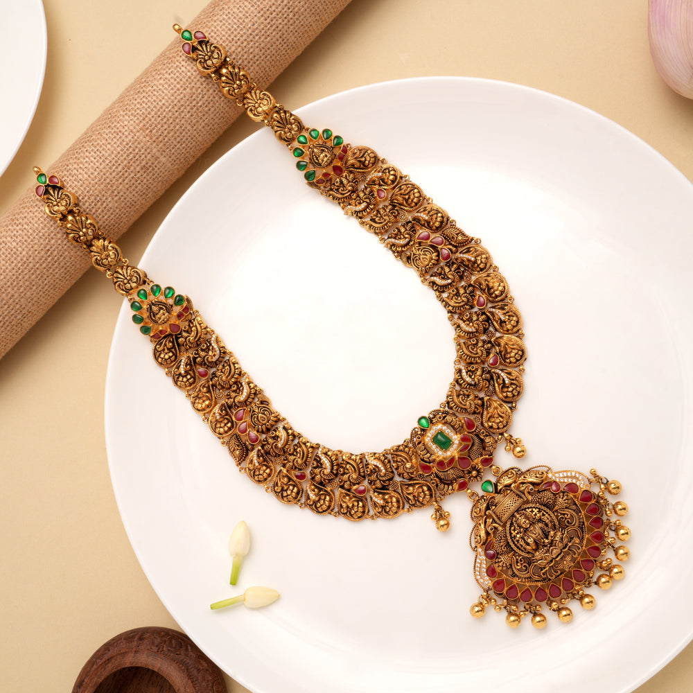 Beautiful Lakshmi Pendant Dual Stone Drops Golden Haram