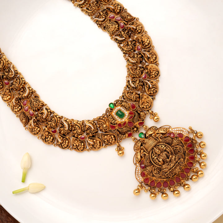 Beautiful Lakshmi Pendant Dual Stone Drops Golden Haram
