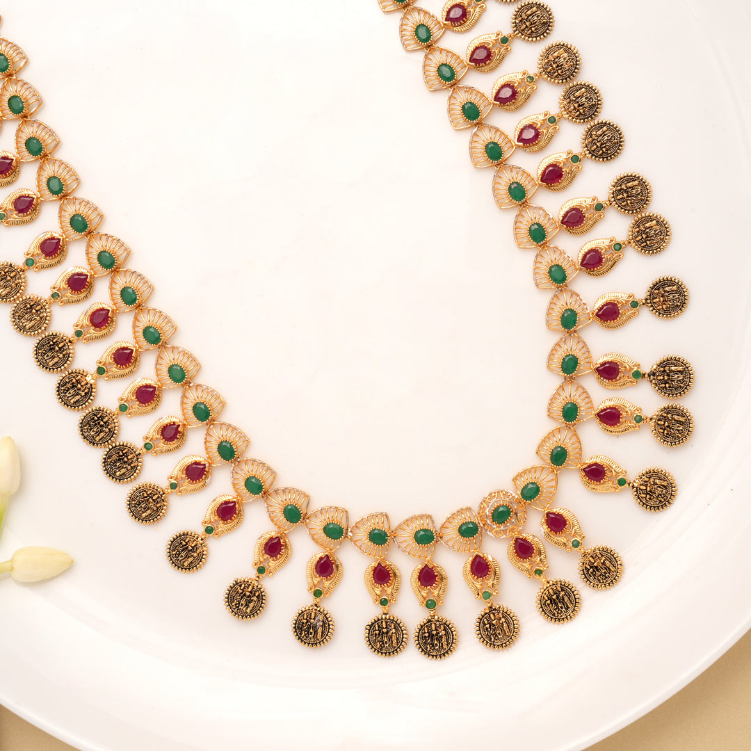 Pretty Dual Stone Design Lakshmi Coin Drops Golden Haram