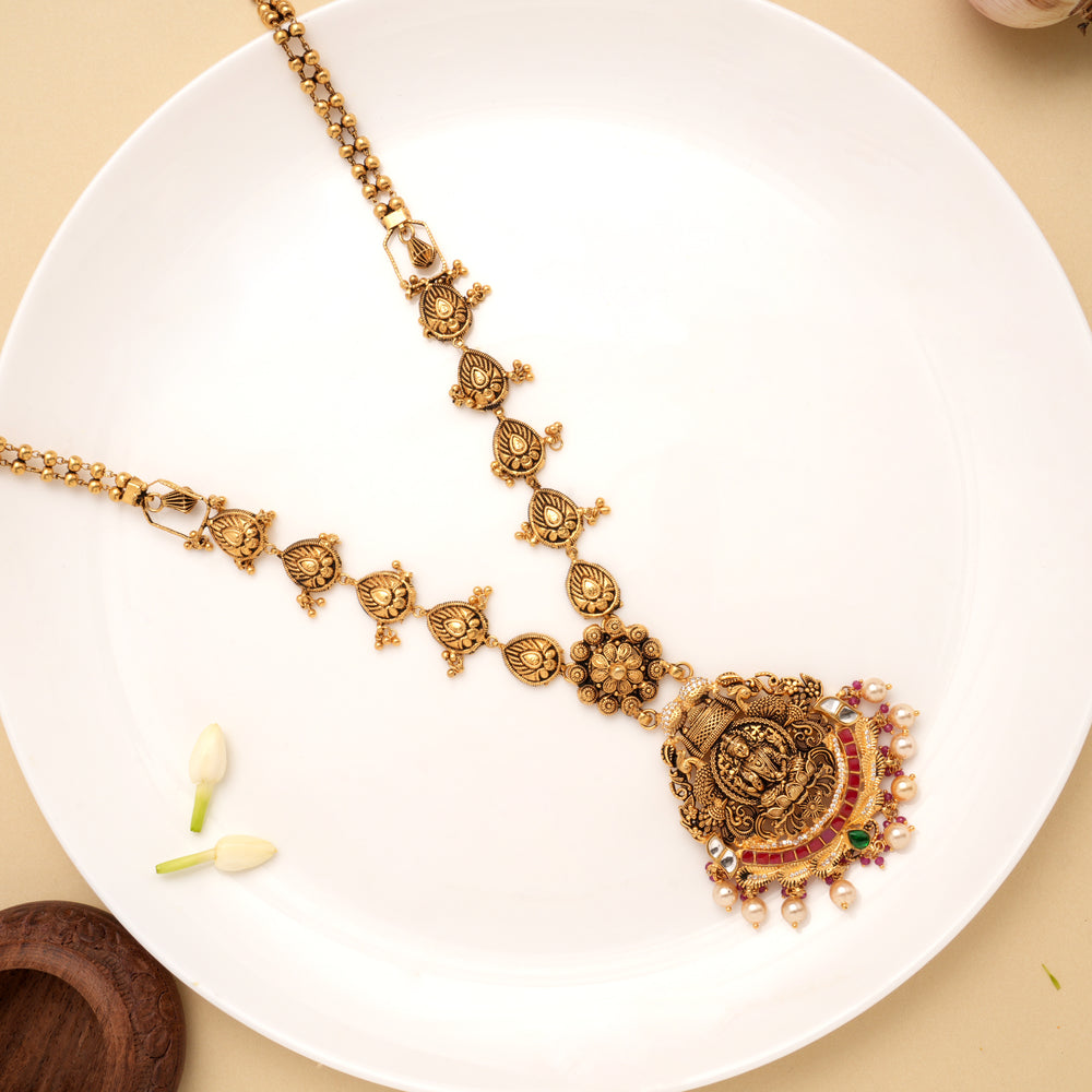 Antique Lakshmi Devi Dual Stone Pearl Drops Golden Haram