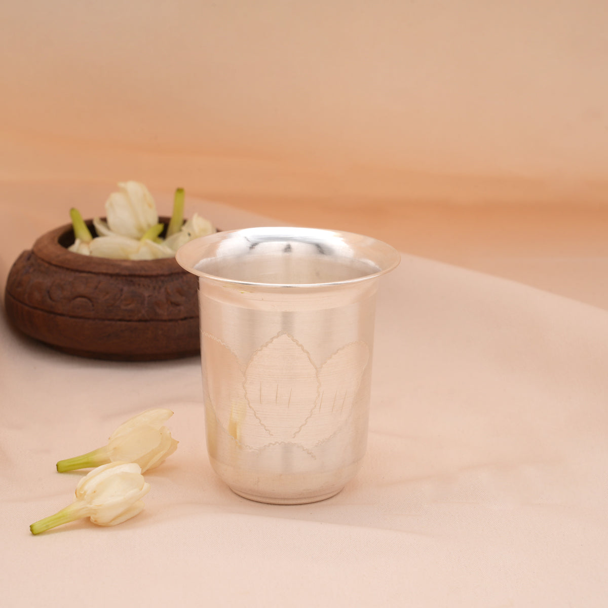 Traditional Lotus Embossed Silver Tumbler