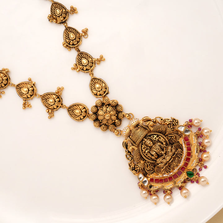 Antique Lakshmi Devi Dual Stone Pearl Drops Golden Haram
