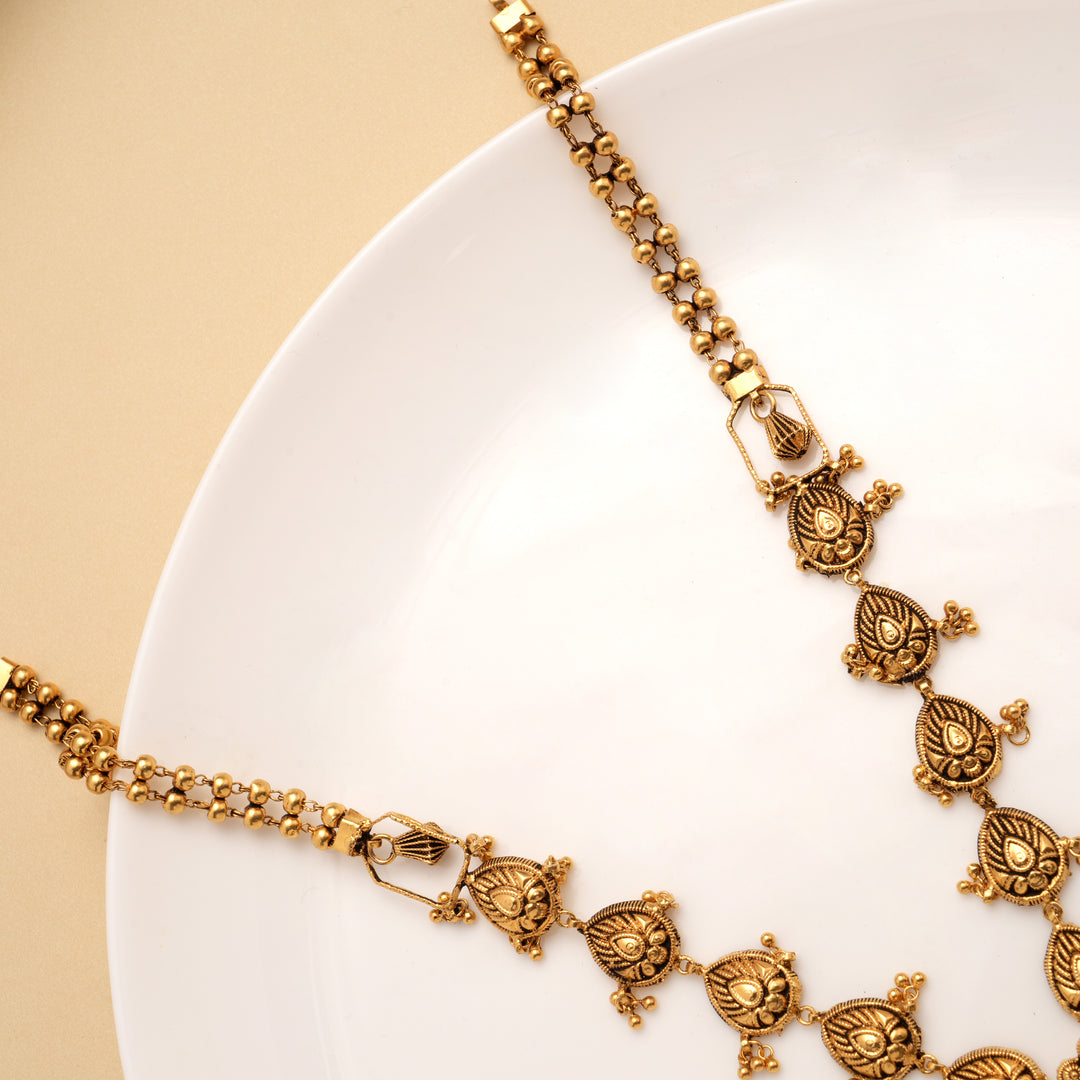 Antique Lakshmi Devi Dual Stone Pearl Drops Golden Haram