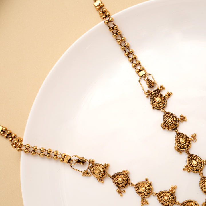 Antique Lakshmi Devi Dual Stone Pearl Drops Golden Haram