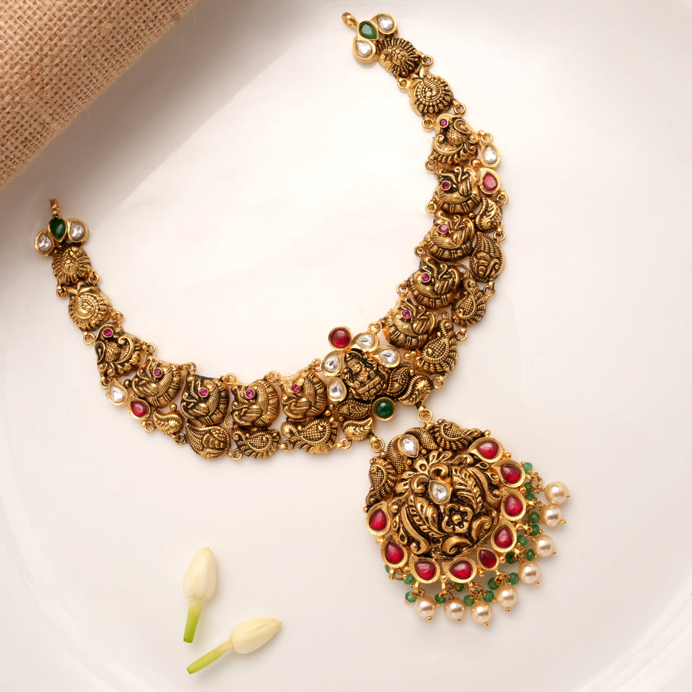 Antique Dual Stone Pearl Drops Pendant Golden Necklace