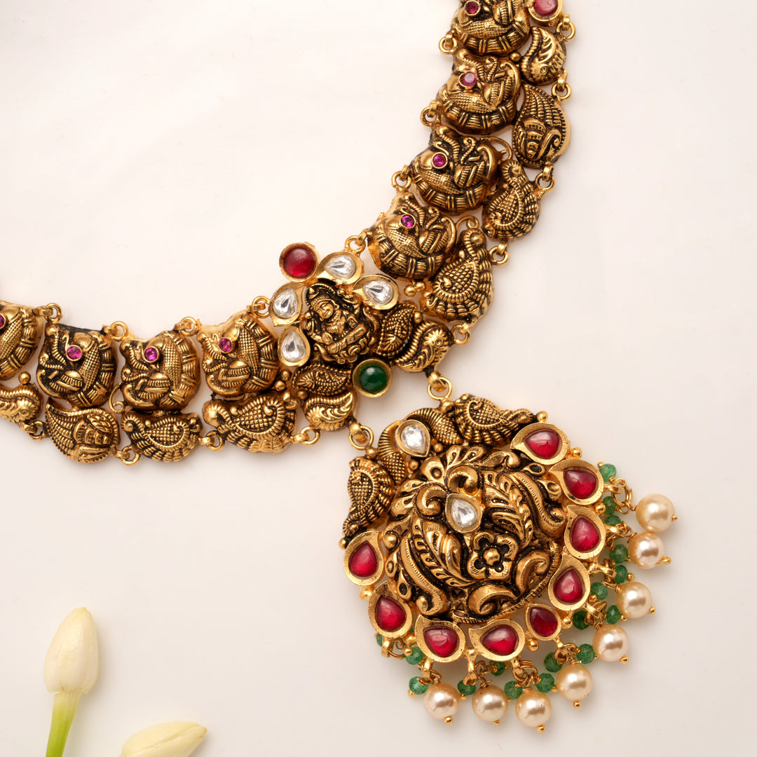 Antique Dual Stone Pearl Drops Pendant Golden Necklace