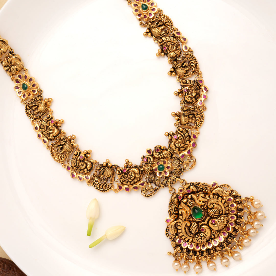 Antique Floral Design with Peacock Pendant Golden Haram