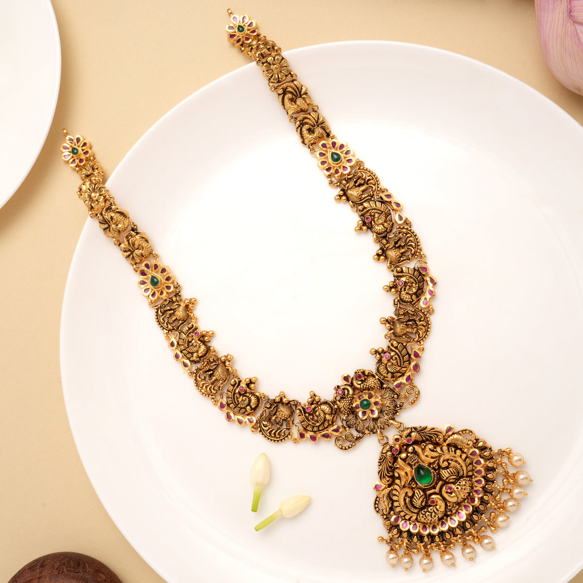 Antique Floral Design with Peacock Pendant Golden Haram