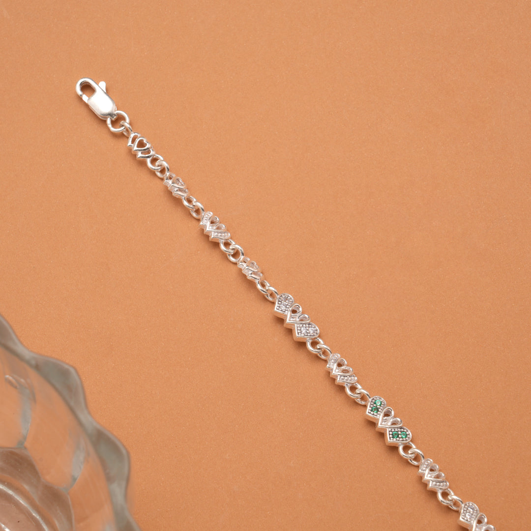 Cute Green Stone Heart Link Silver Women’s Bracelet