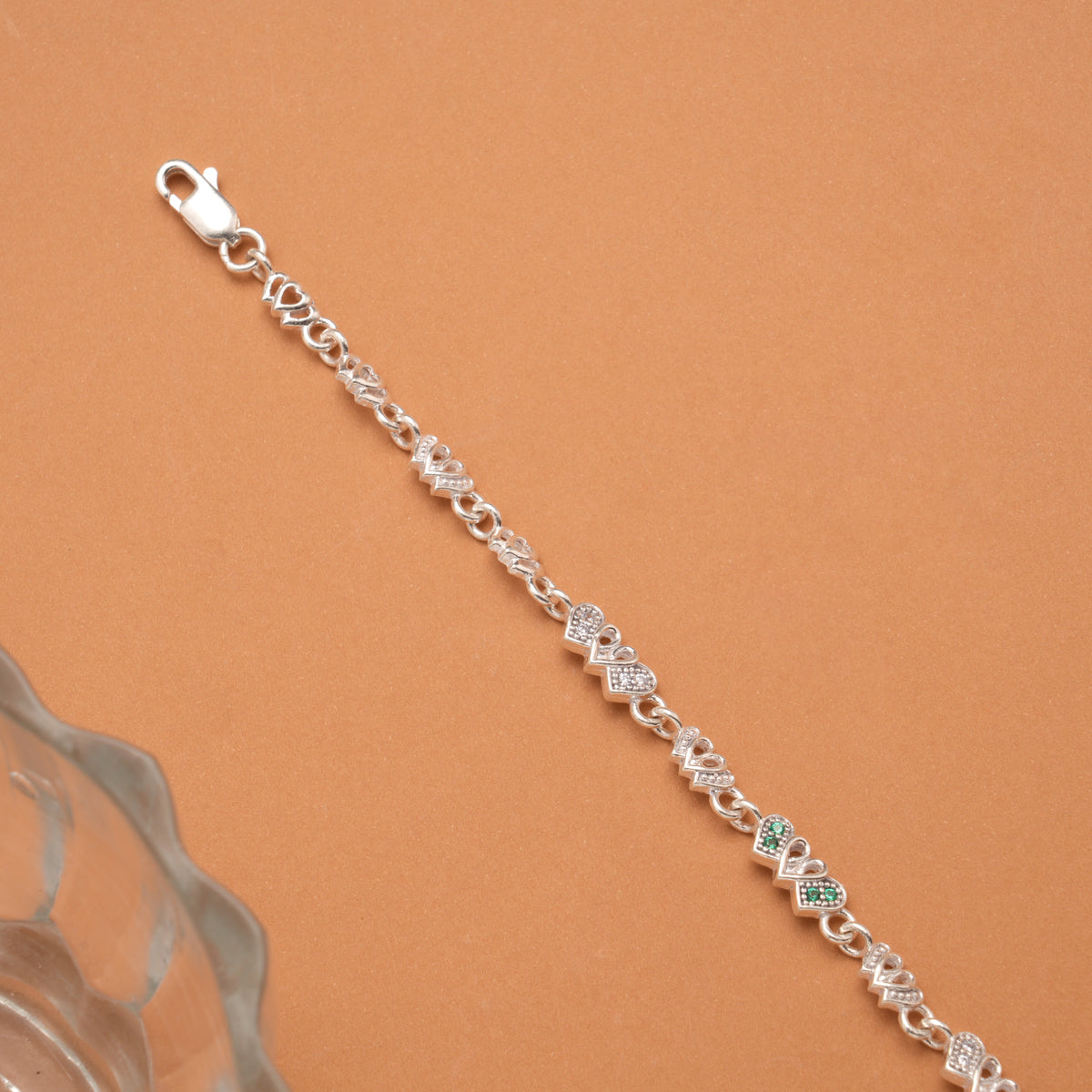 Cute Green Stone Heart Link Silver Women’s Bracelet