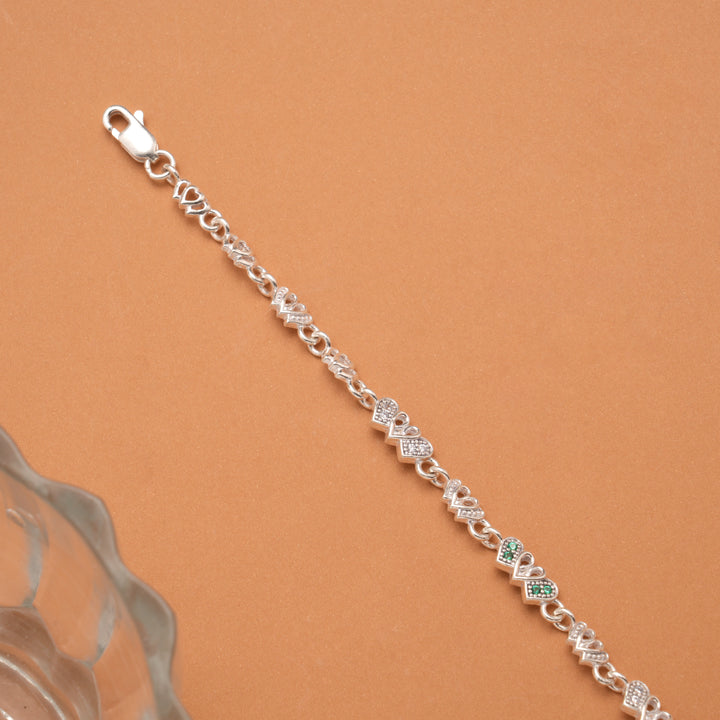 Cute Green Stone Heart Link Silver Women’s Bracelet