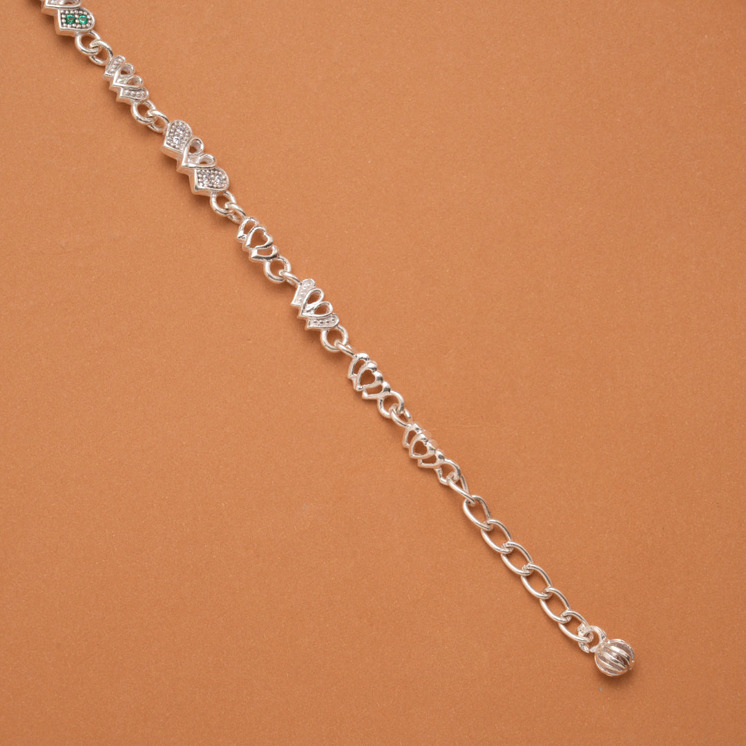 Cute Green Stone Heart Link Silver Women’s Bracelet