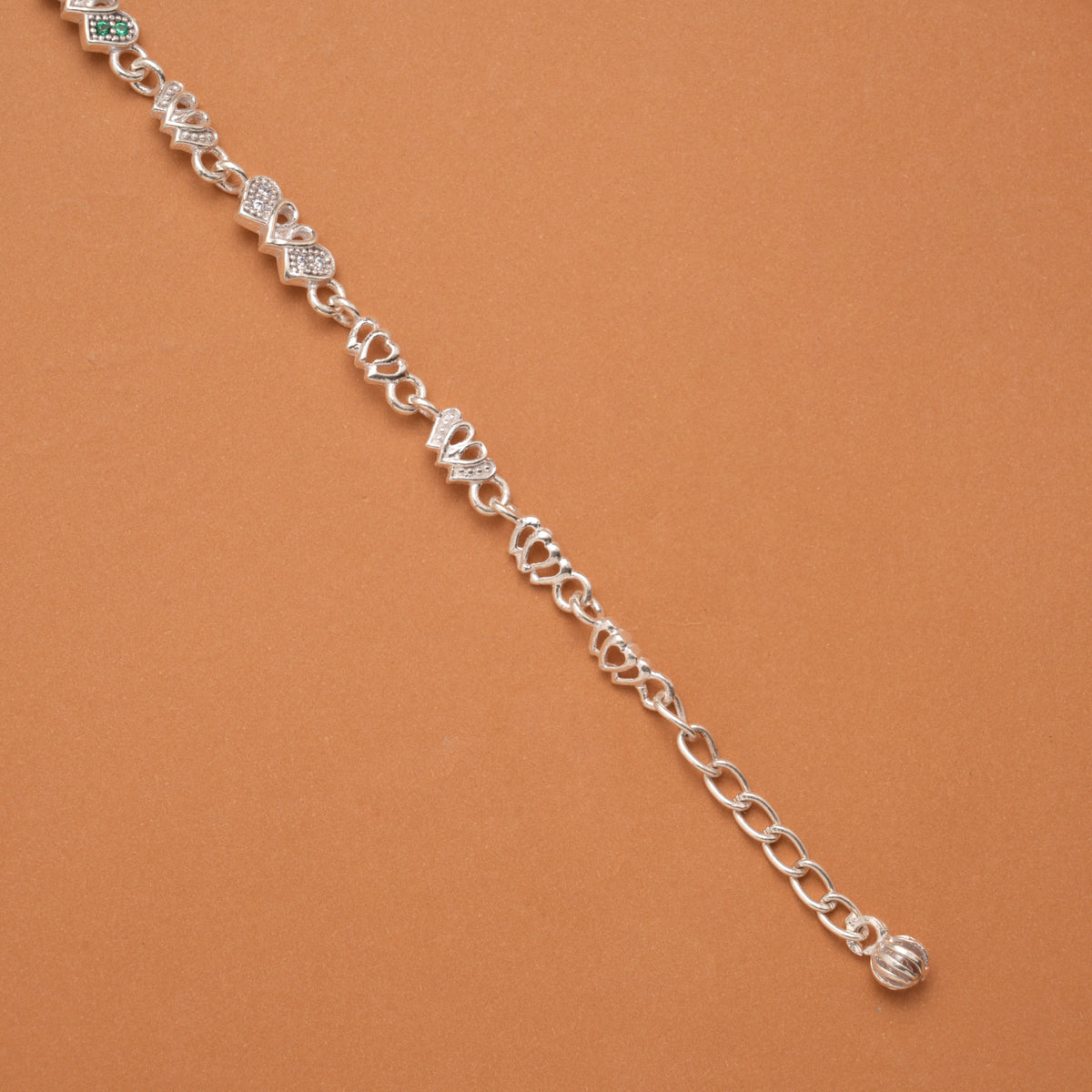 Cute Green Stone Heart Link Silver Women’s Bracelet