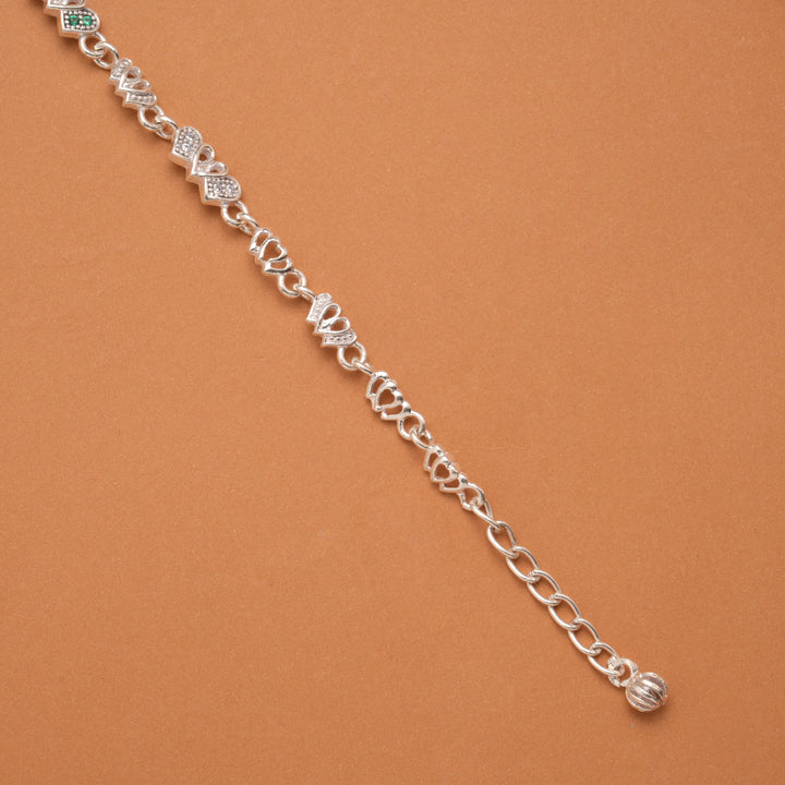 Cute Green Stone Heart Link Silver Women’s Bracelet