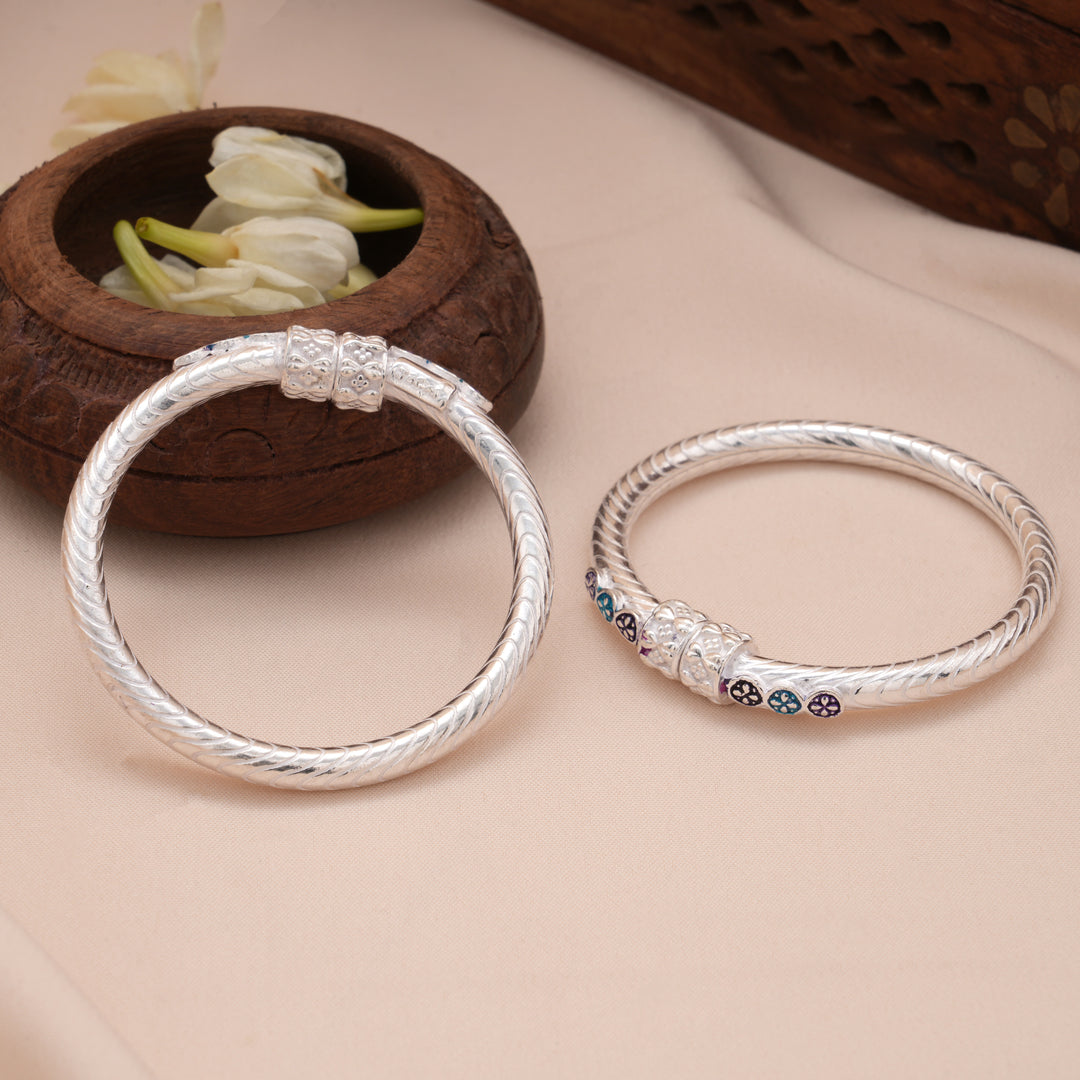 Minimalist Floral Enamel Design Silver Baby Bangle