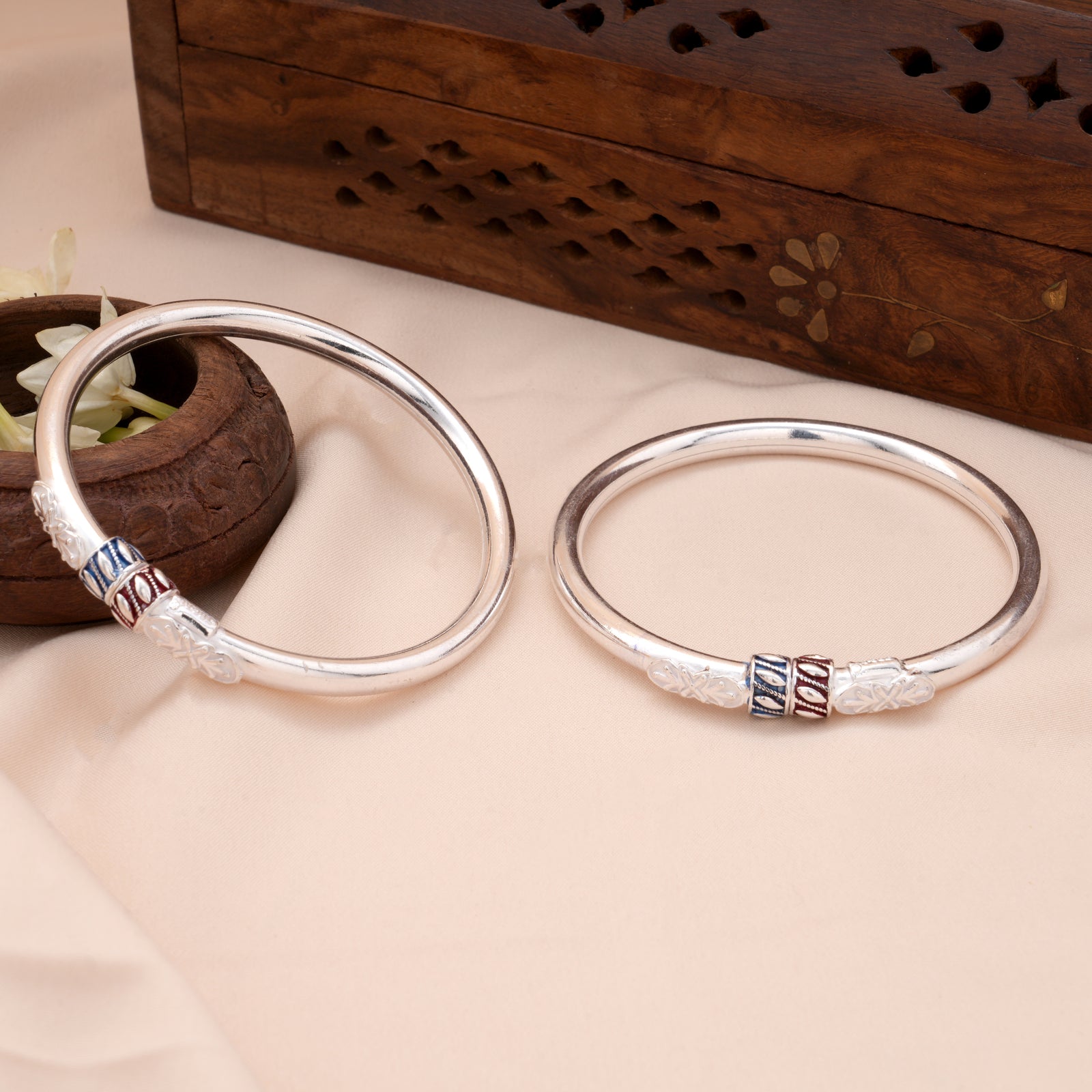 Ethnic Dual Enamel Ball Design Silver Baby Bangle