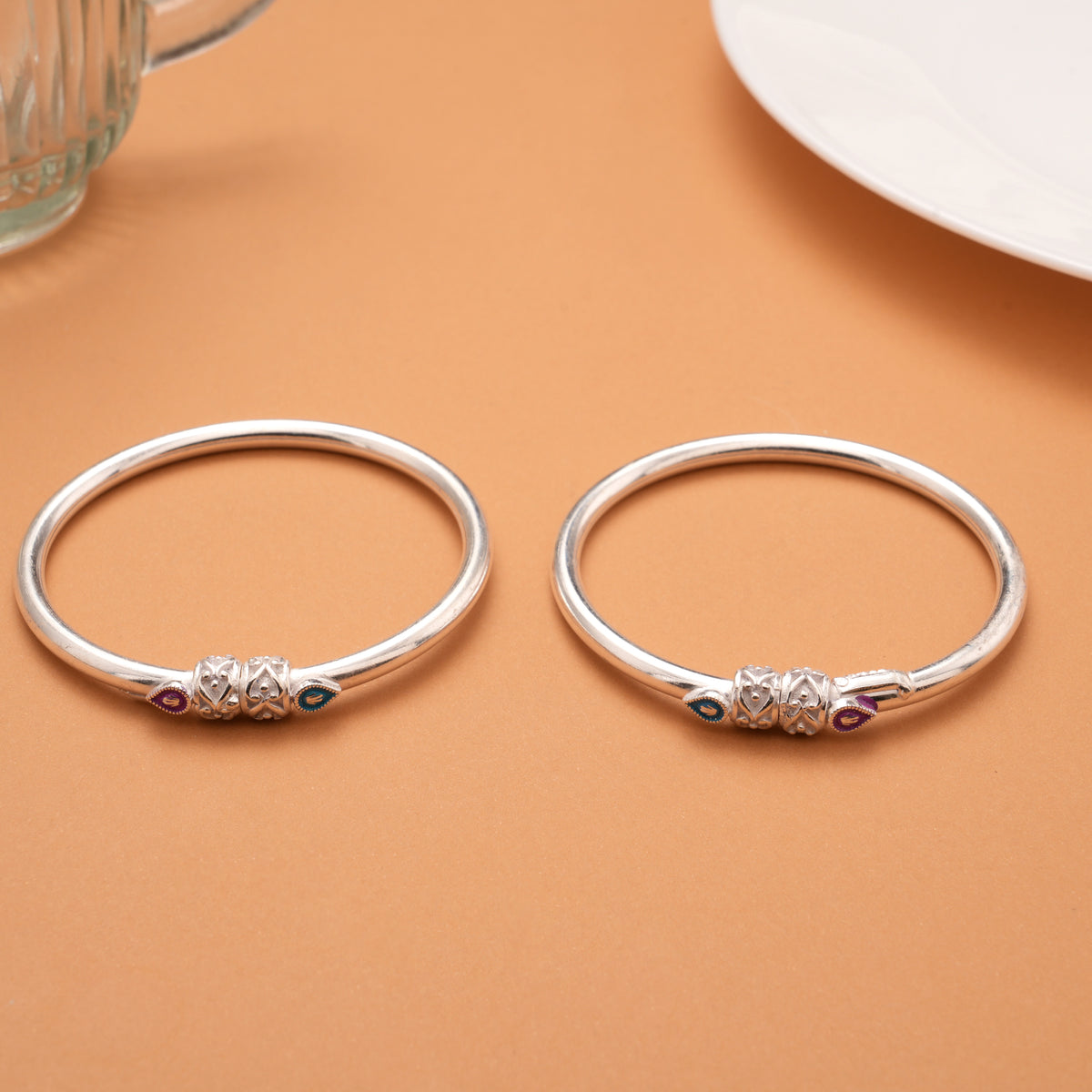 Dual Color Leaf Enamel Silver Bangles