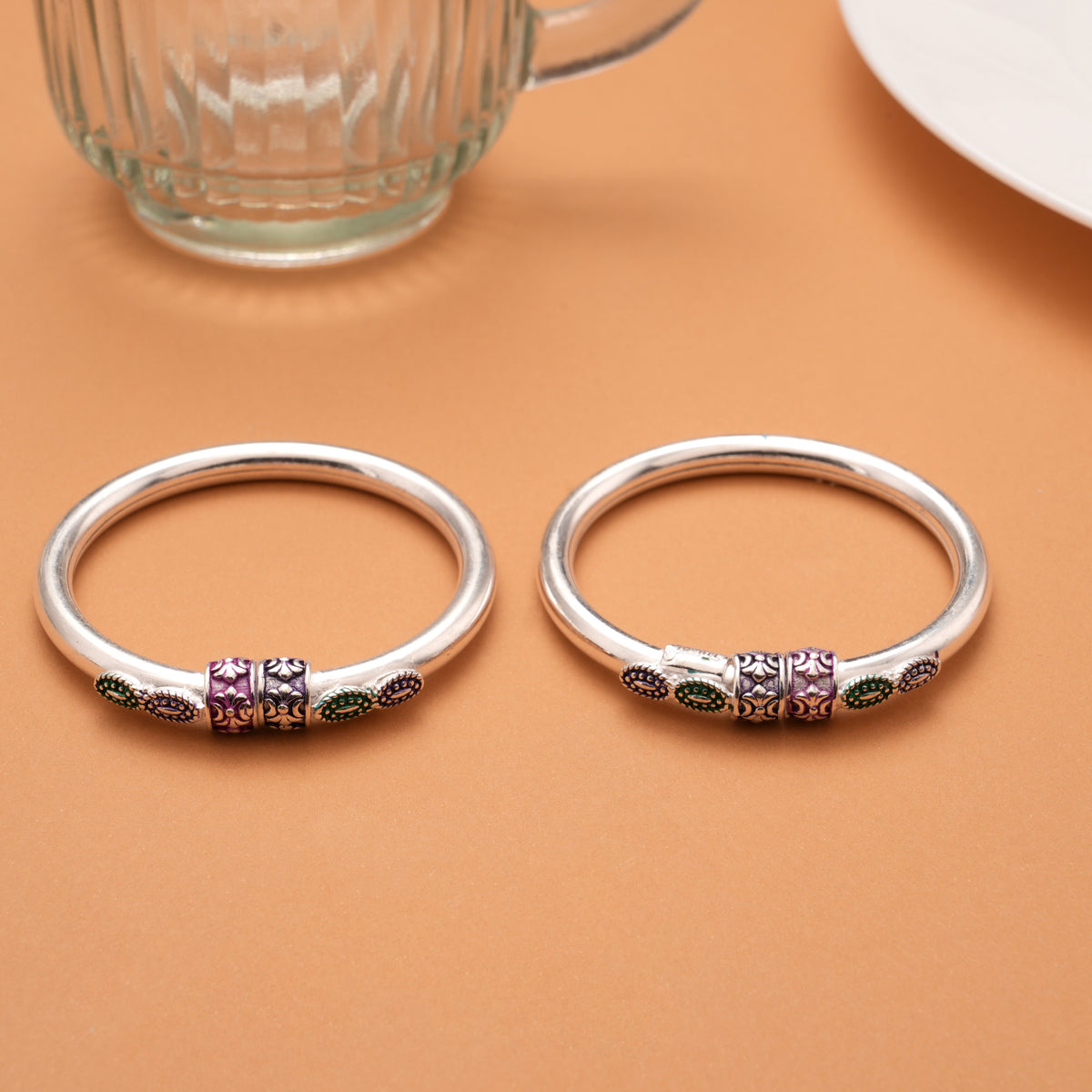 Double Floral Engraving Enamel Silver Bangles