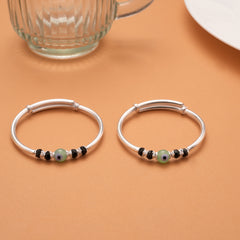 Minimalist Green Bead Evil Eye Silver Baby Bangles