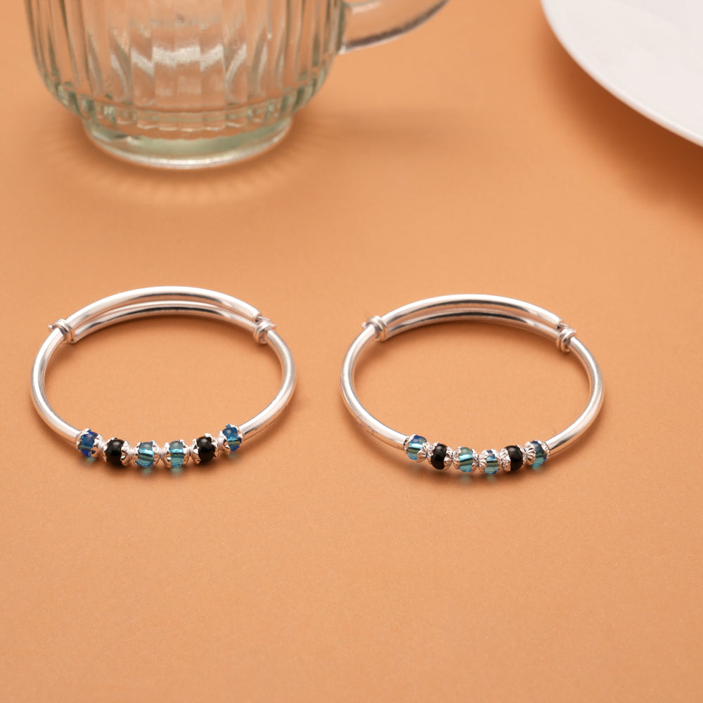 Black and Blue Glass Beads Silver Baby Bangles