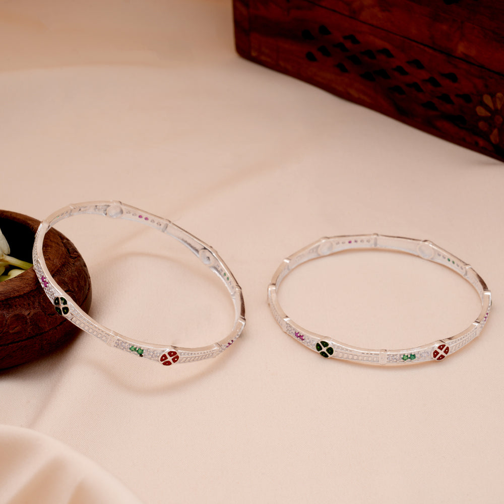 Premium Floral Enamel Silver Bangle