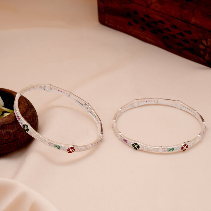 Premium Floral Enamel Silver Bangle