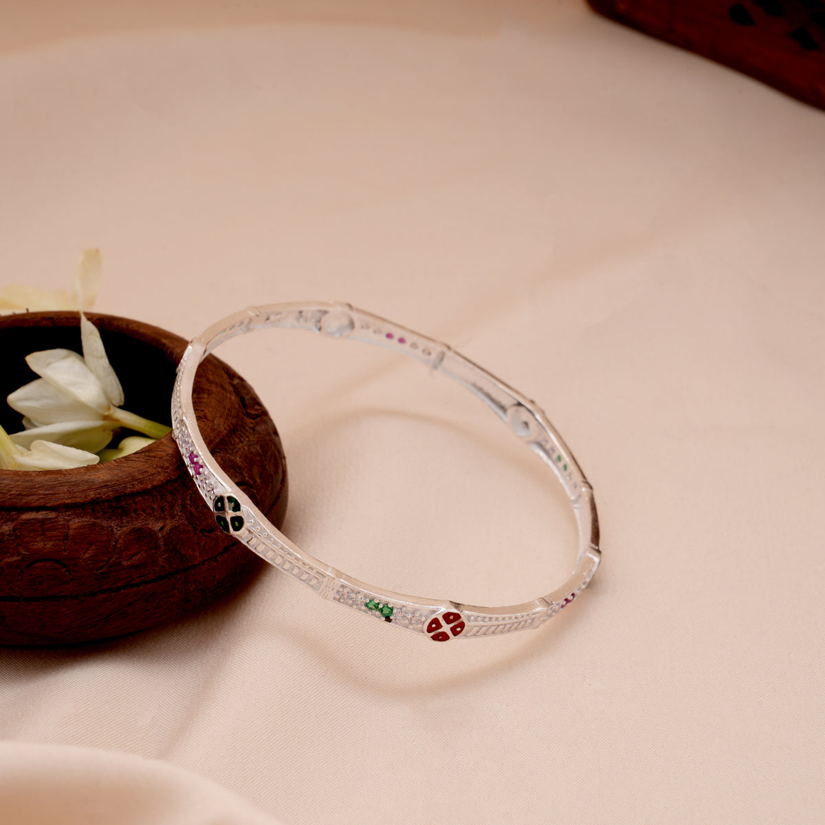 Premium Floral Enamel Silver Bangle