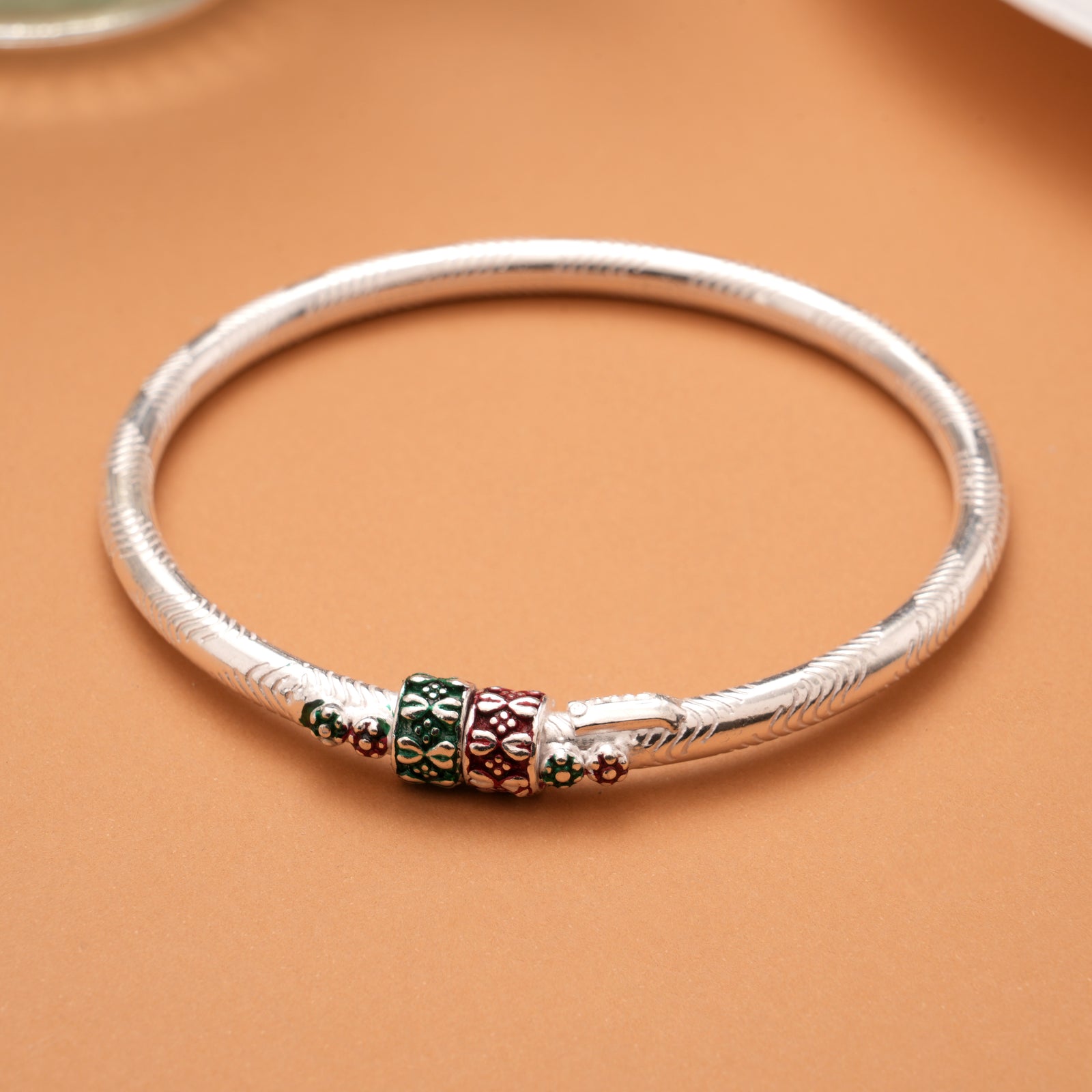 Red and Green Enamel Floral Design Silver Bangles