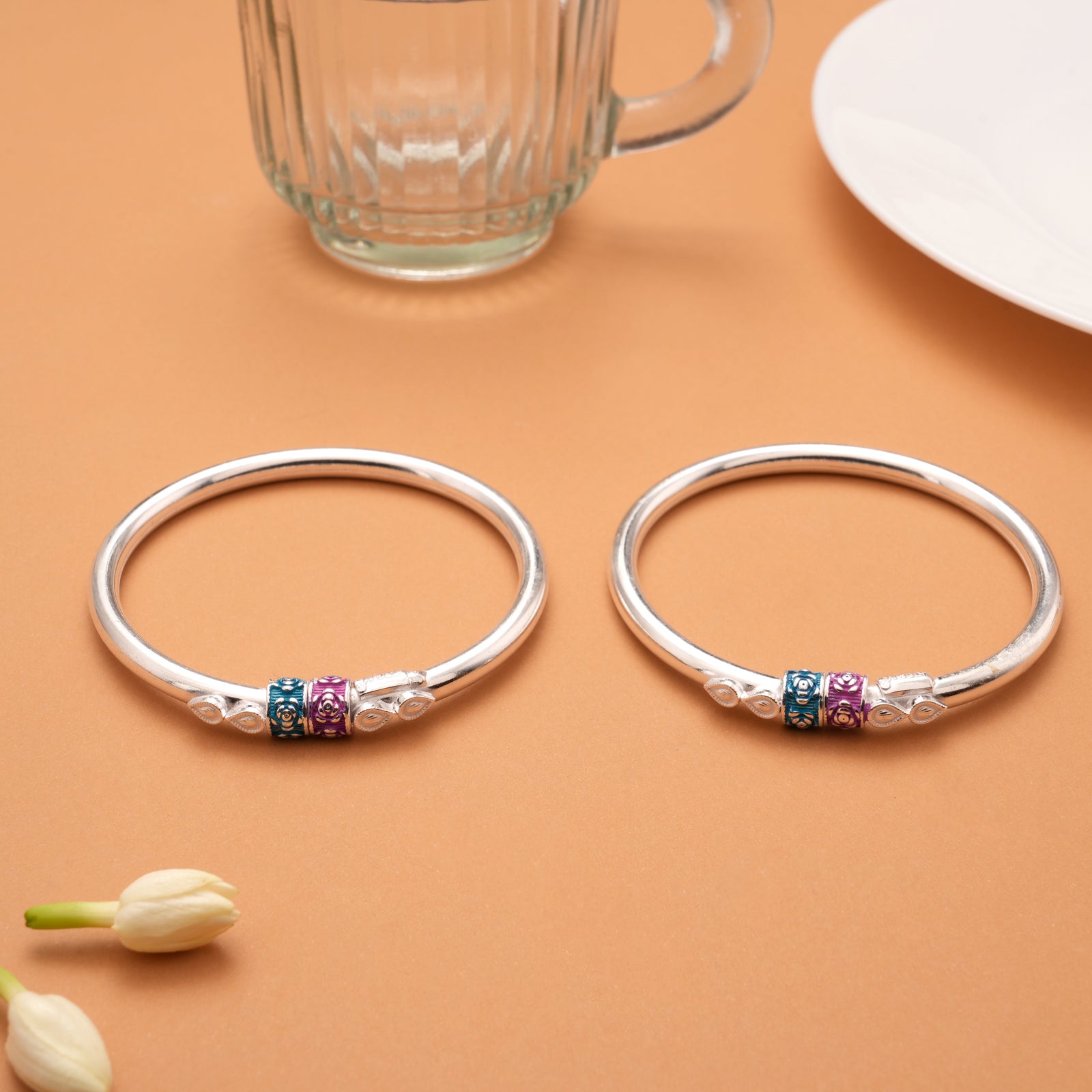 Sleek Purple Color Floral Enamel Silver Bangles