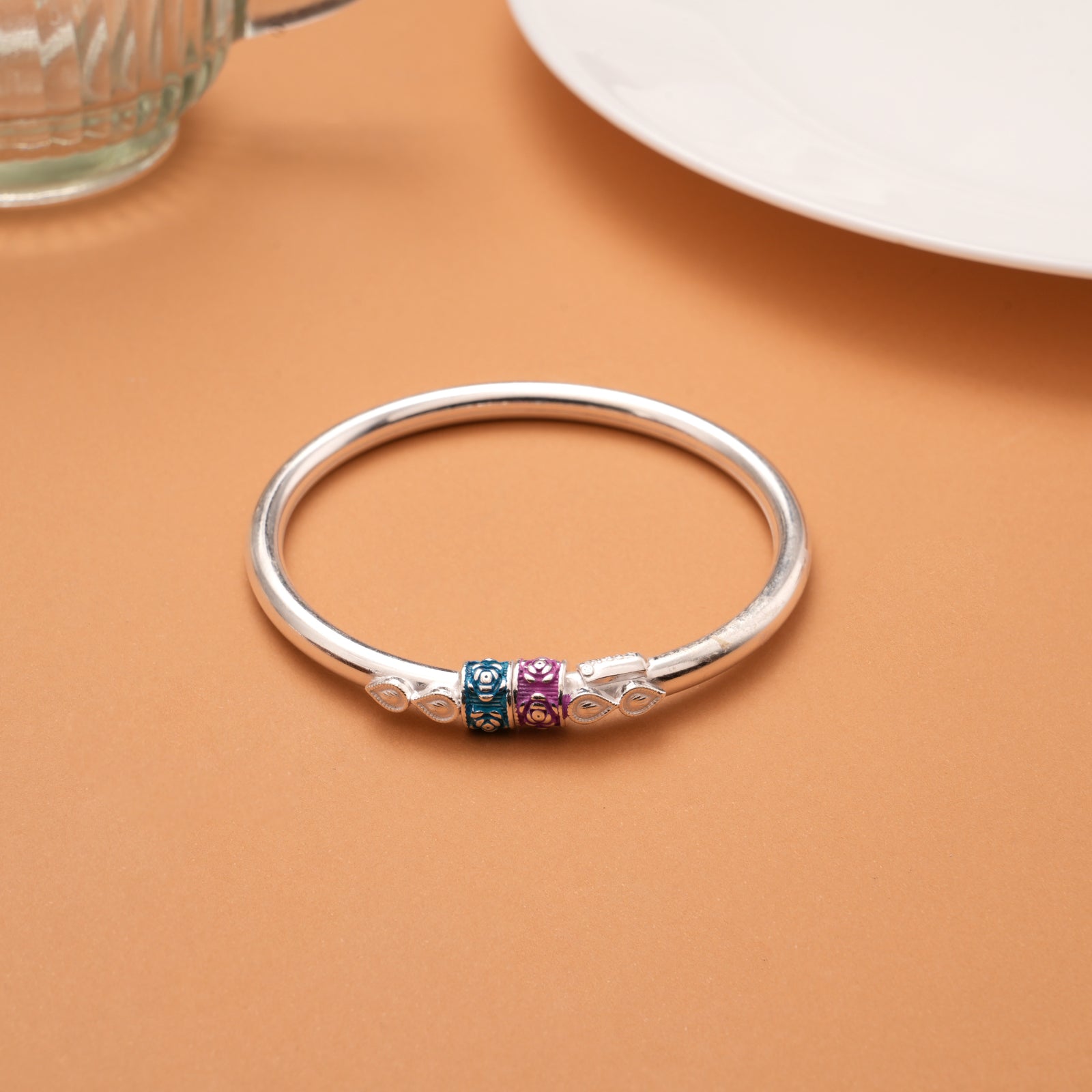 Sleek Purple Color Floral Enamel Silver Bangles