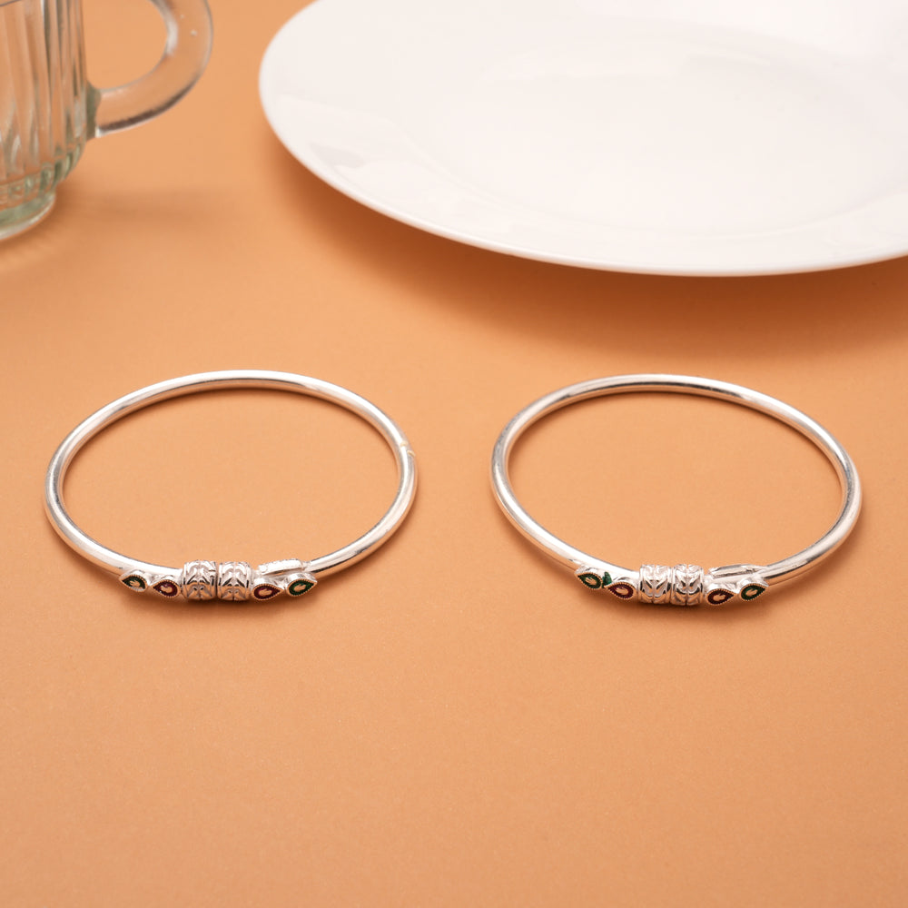 Radiant Intricate Floral Enamel Silver Bangles