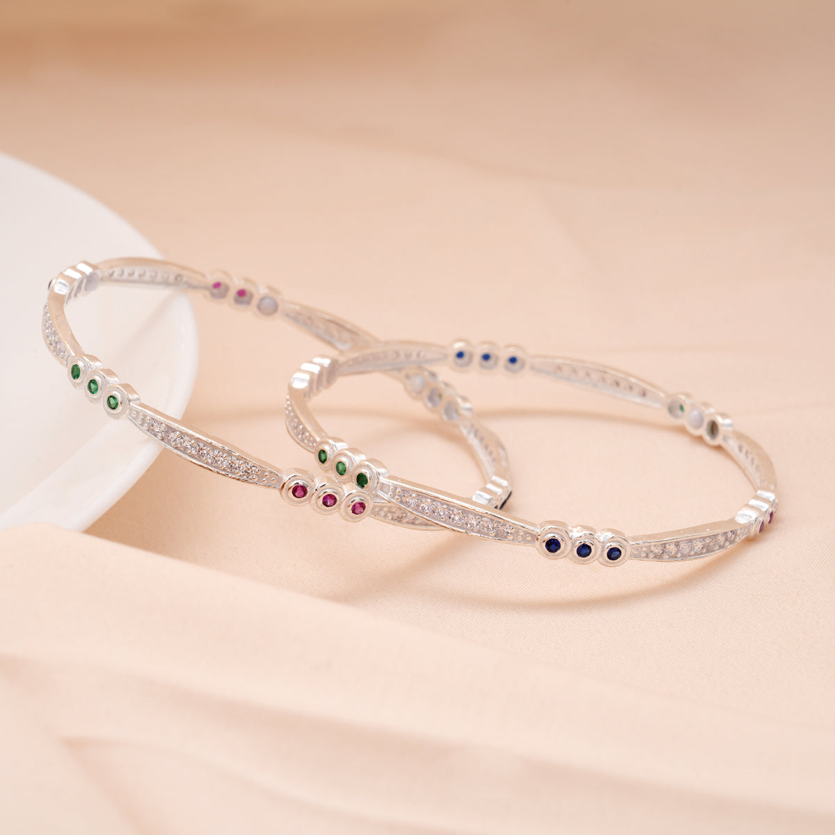 Minimalist Tri Stone Design Silver Bangle