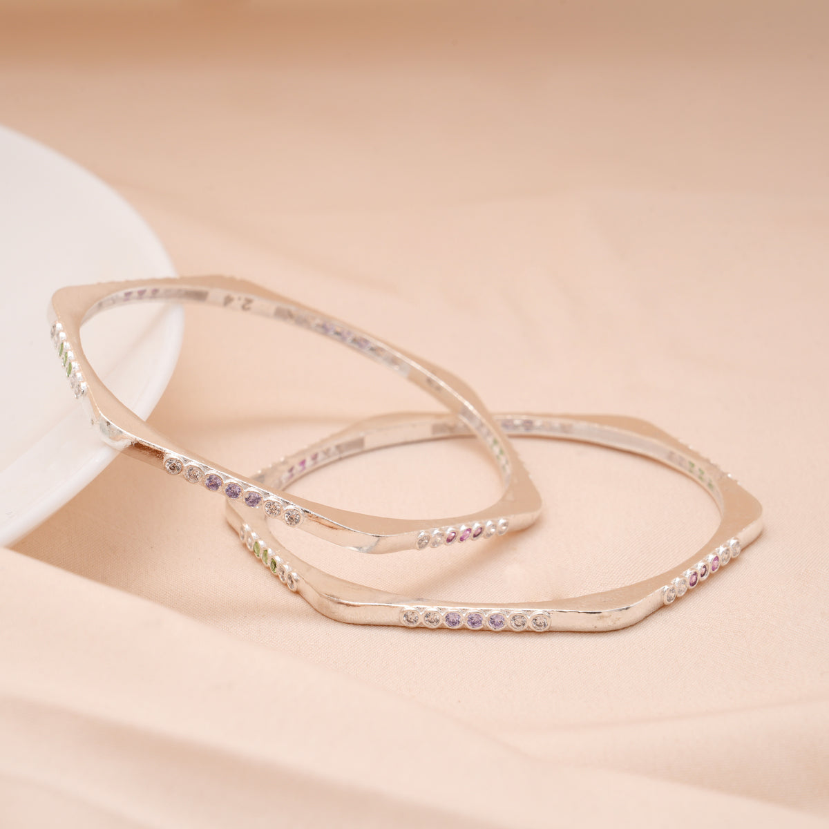 Dainty Stone Square Shaped Silver Bangle