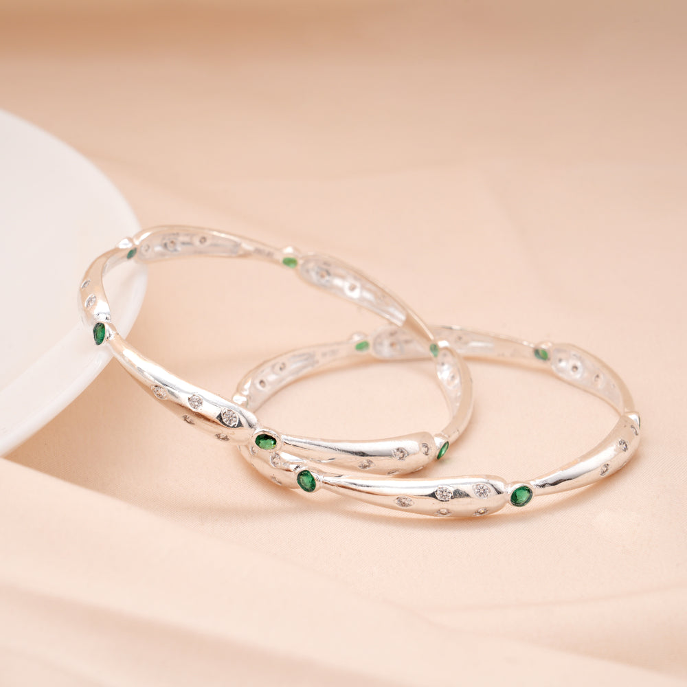 Cute Green Stone Curved Design Silver Bangle