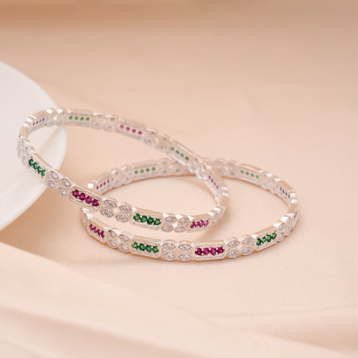 Tri Colour Stone Silver Bangle