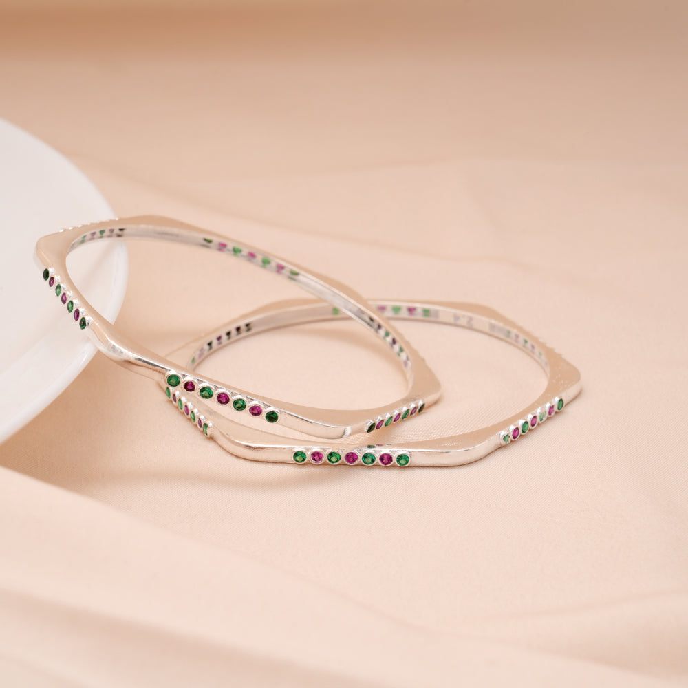 Fancy Colour Stone Square Shaped Silver Bangle