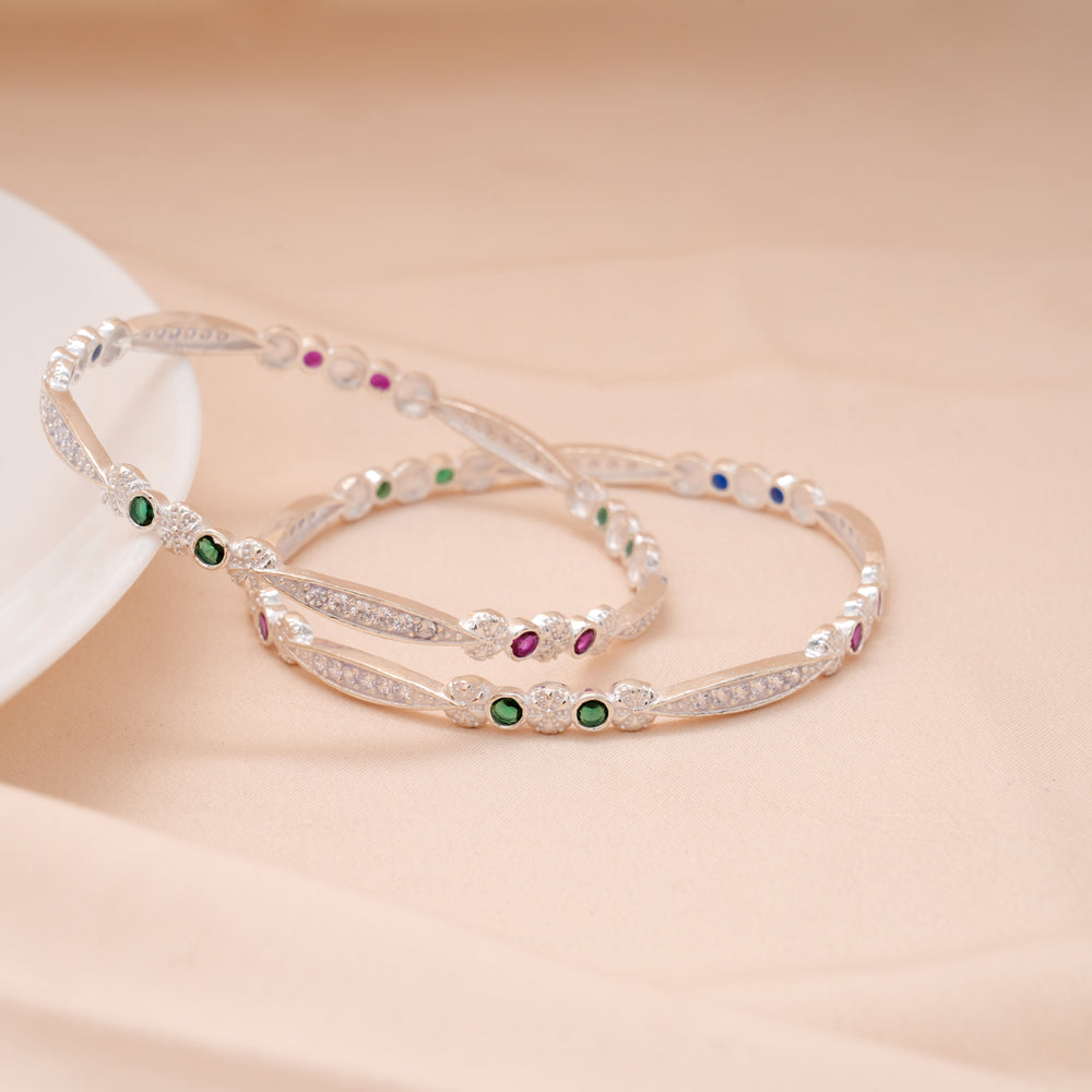 Dual Color Round Stone Silver Bangle