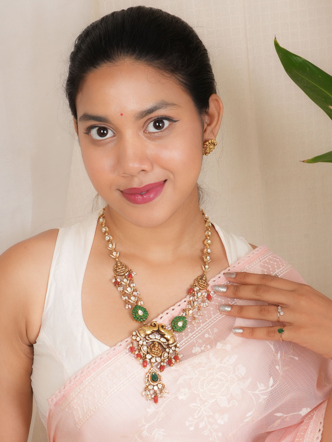 Antique Coral & White Stone Lakshmi Haram