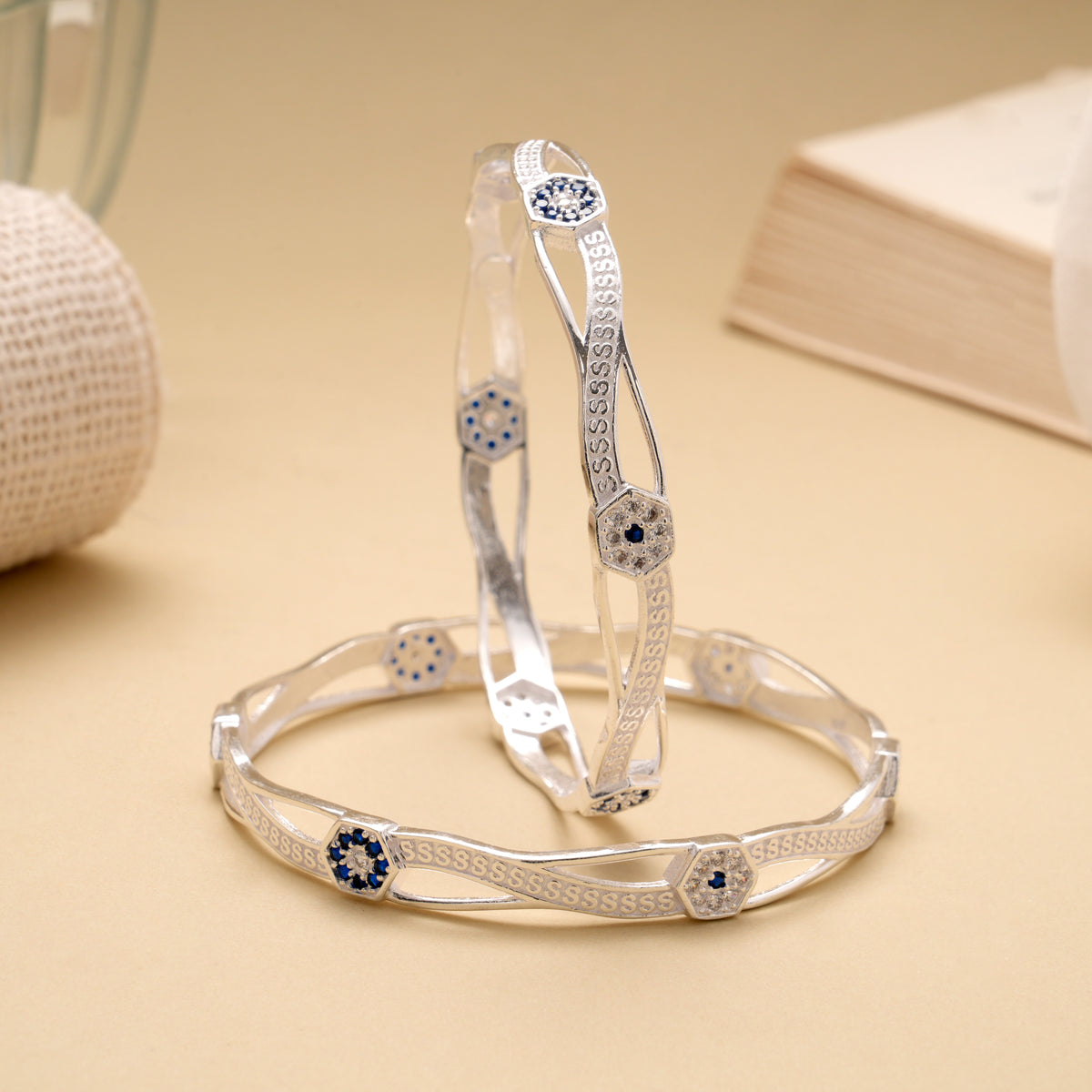 Elegant Curved Blue Stone Silver Bangle