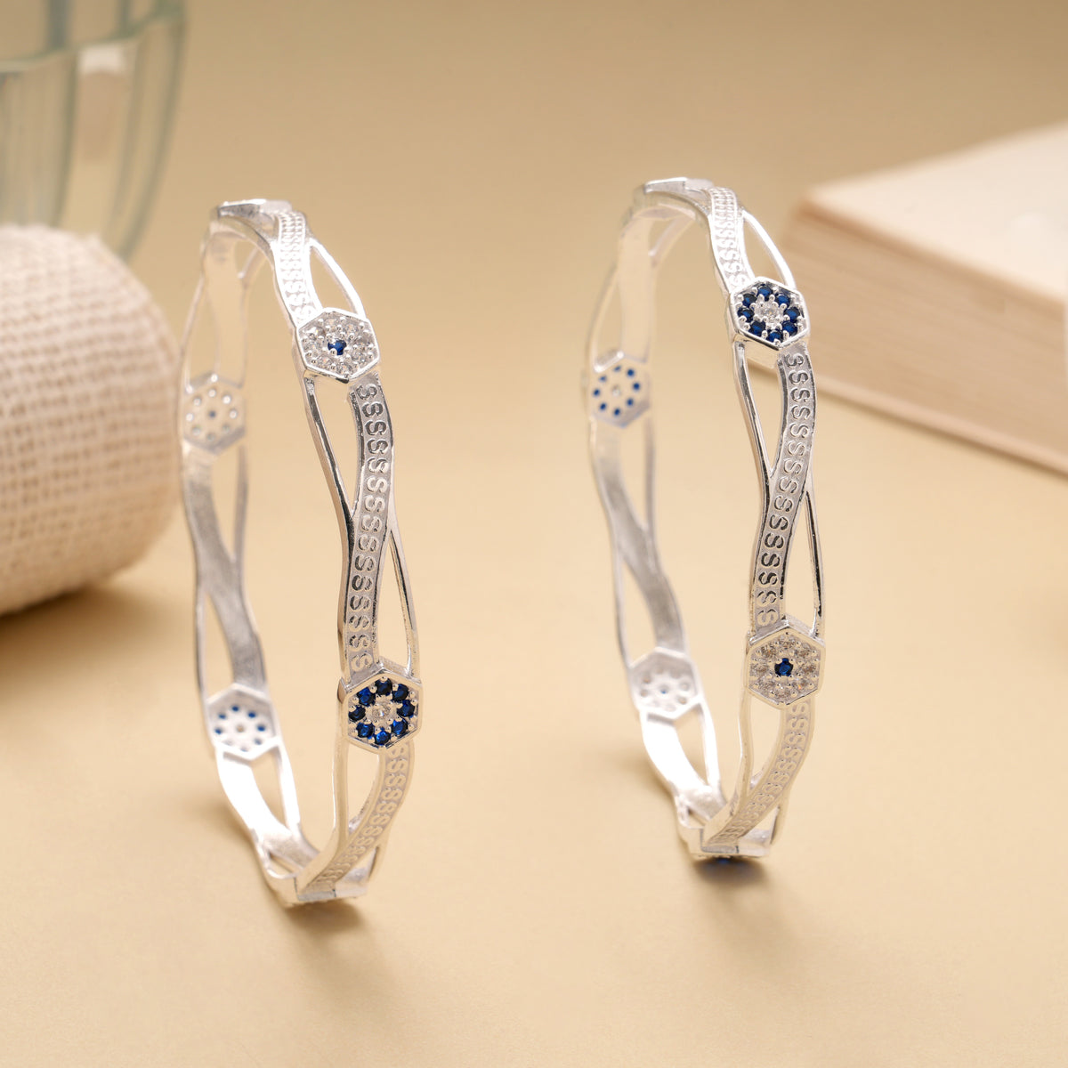 Elegant Curved Blue Stone Silver Bangle