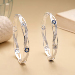 Elegant Curved Blue Stone Silver Bangle
