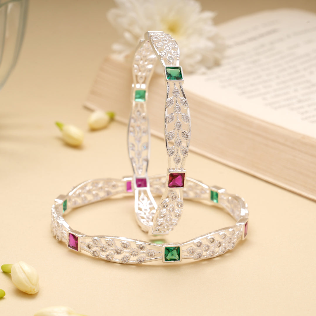 Green and Pink Stone Silver Bangle