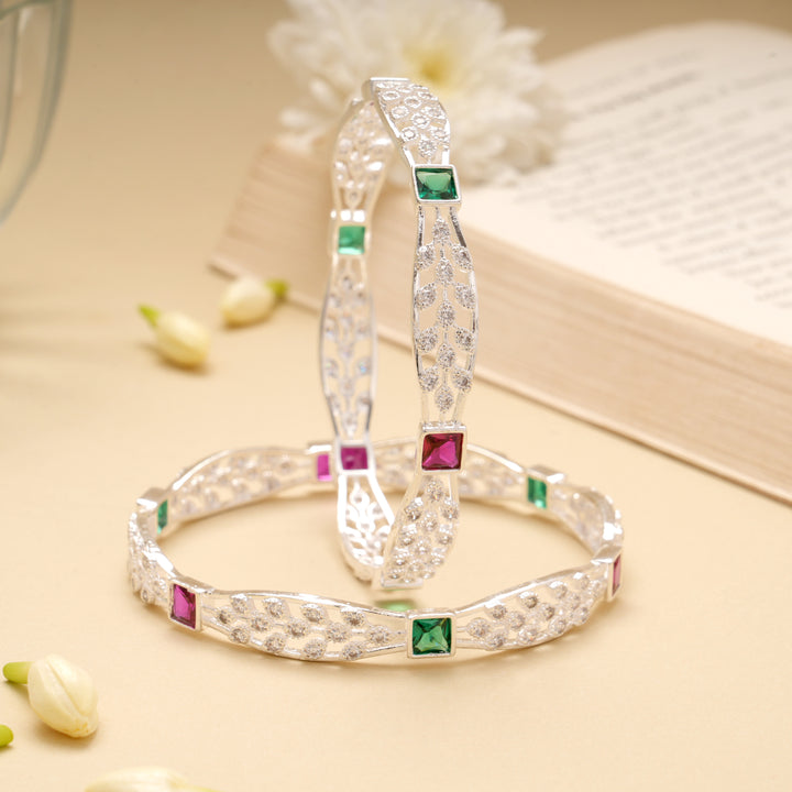 Green and Pink Stone Silver Bangle