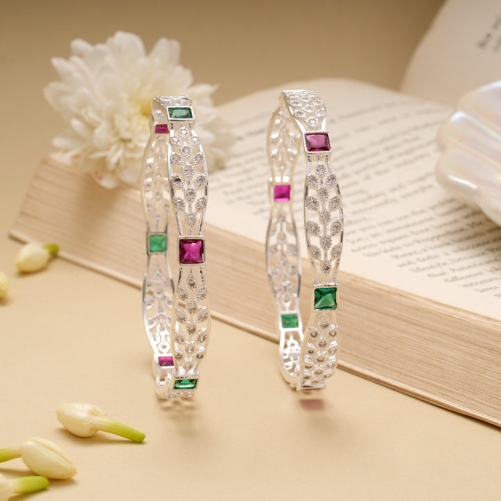 Green and Pink Stone Silver Bangle